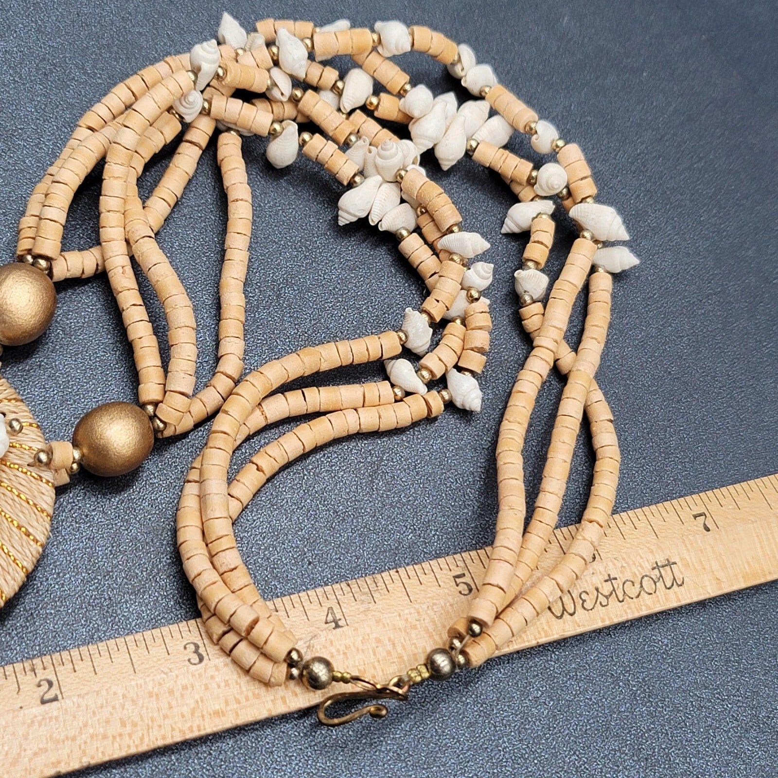 Vintage Necklace Wood Bead Shell Gold tone Boho Estate Costume Jewelry 24"