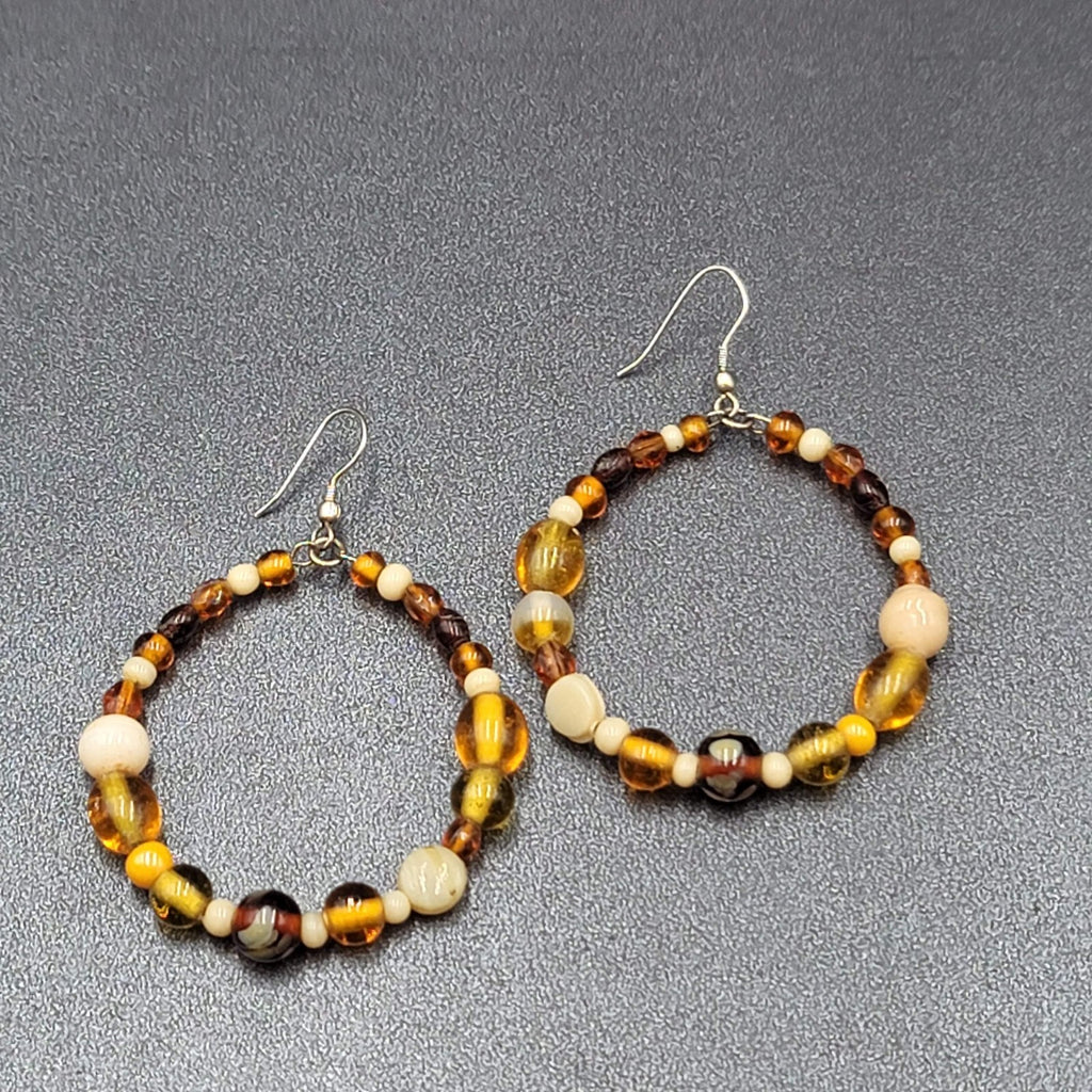 Pierced Earrings Silver tone Brown Glass Bead Hoops 2"