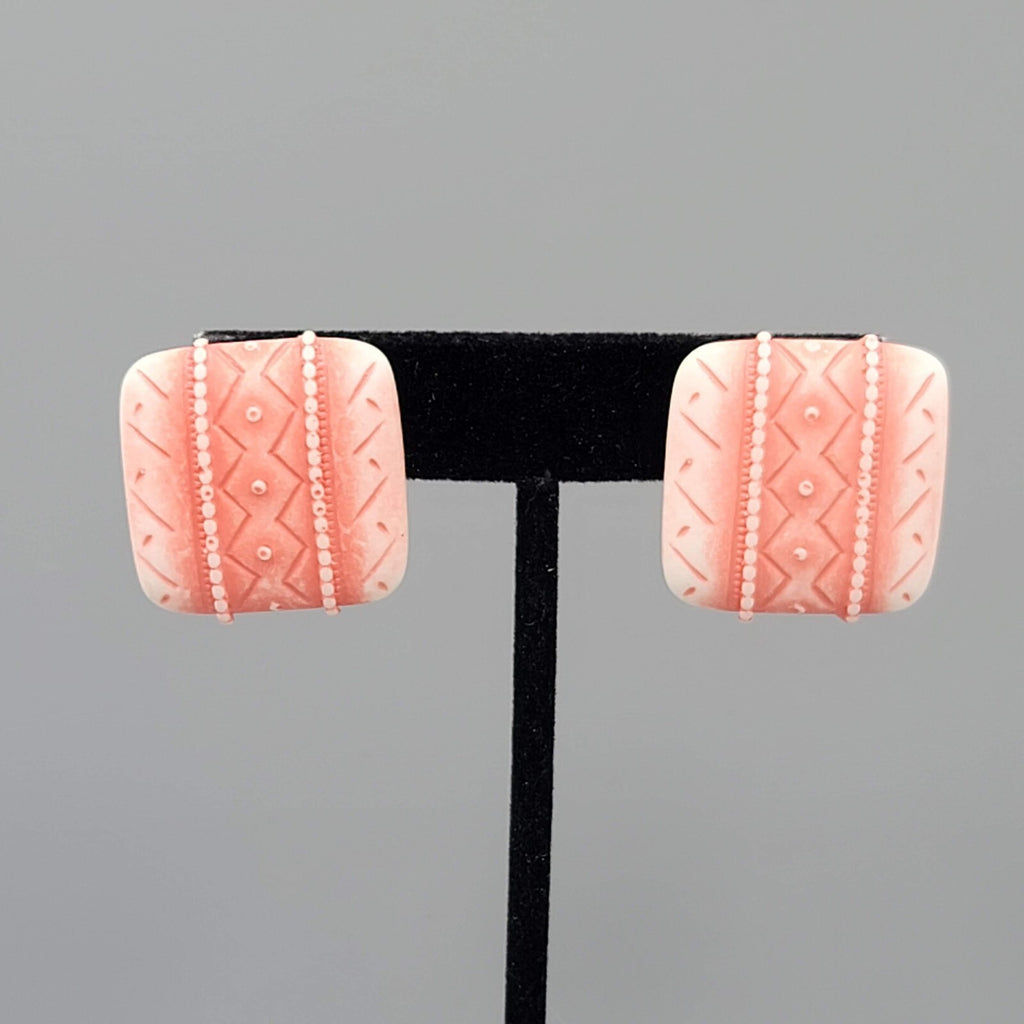 Vintage Salmon Pink White Pierced Earrings Embossed Square Drop 1"