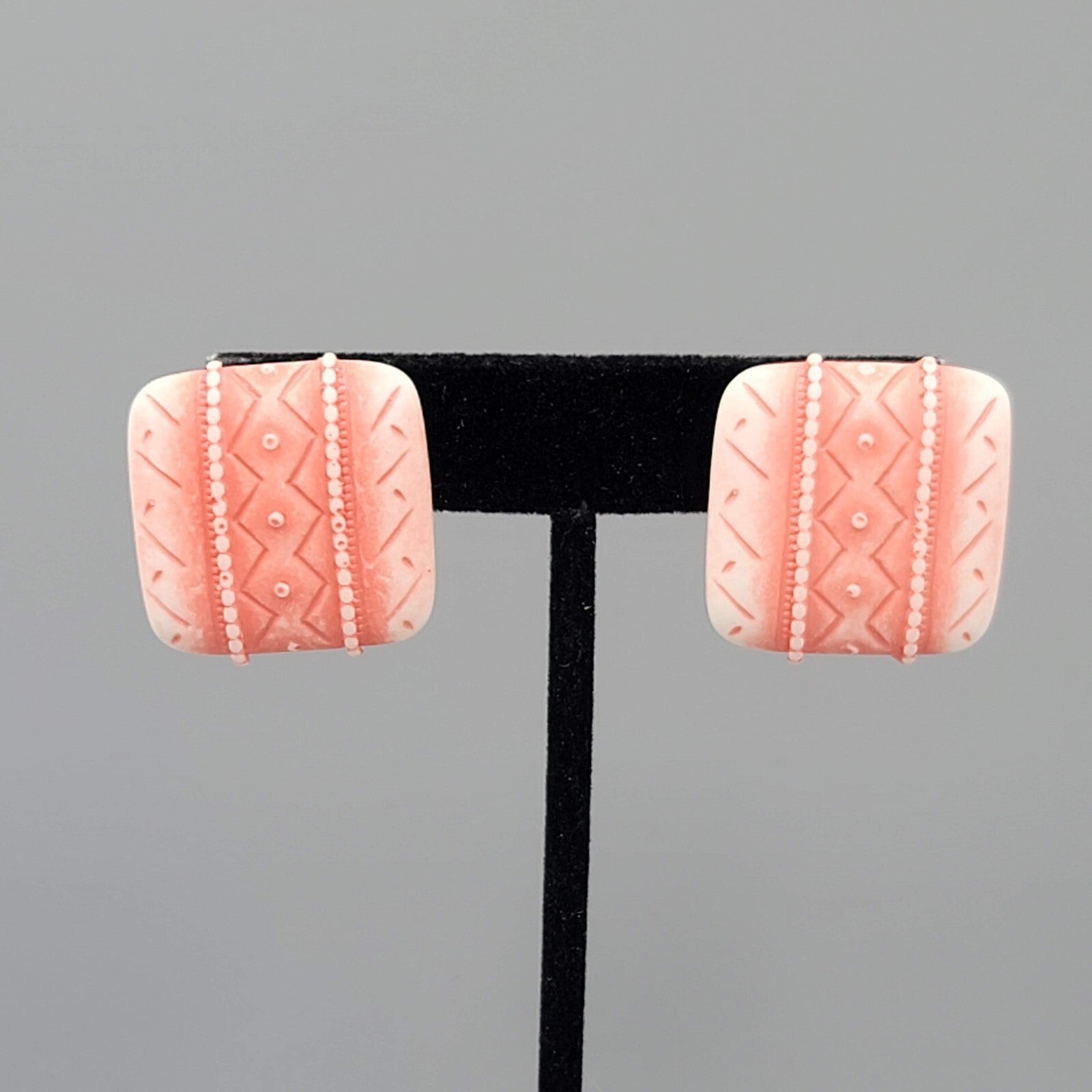 Vintage Salmon Pink White Pierced Earrings Embossed Square Drop 1"