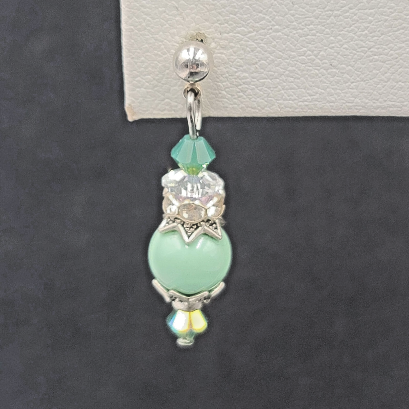 Pierced Earrings Silver tone Green Capped Beaded Dangle 1"
