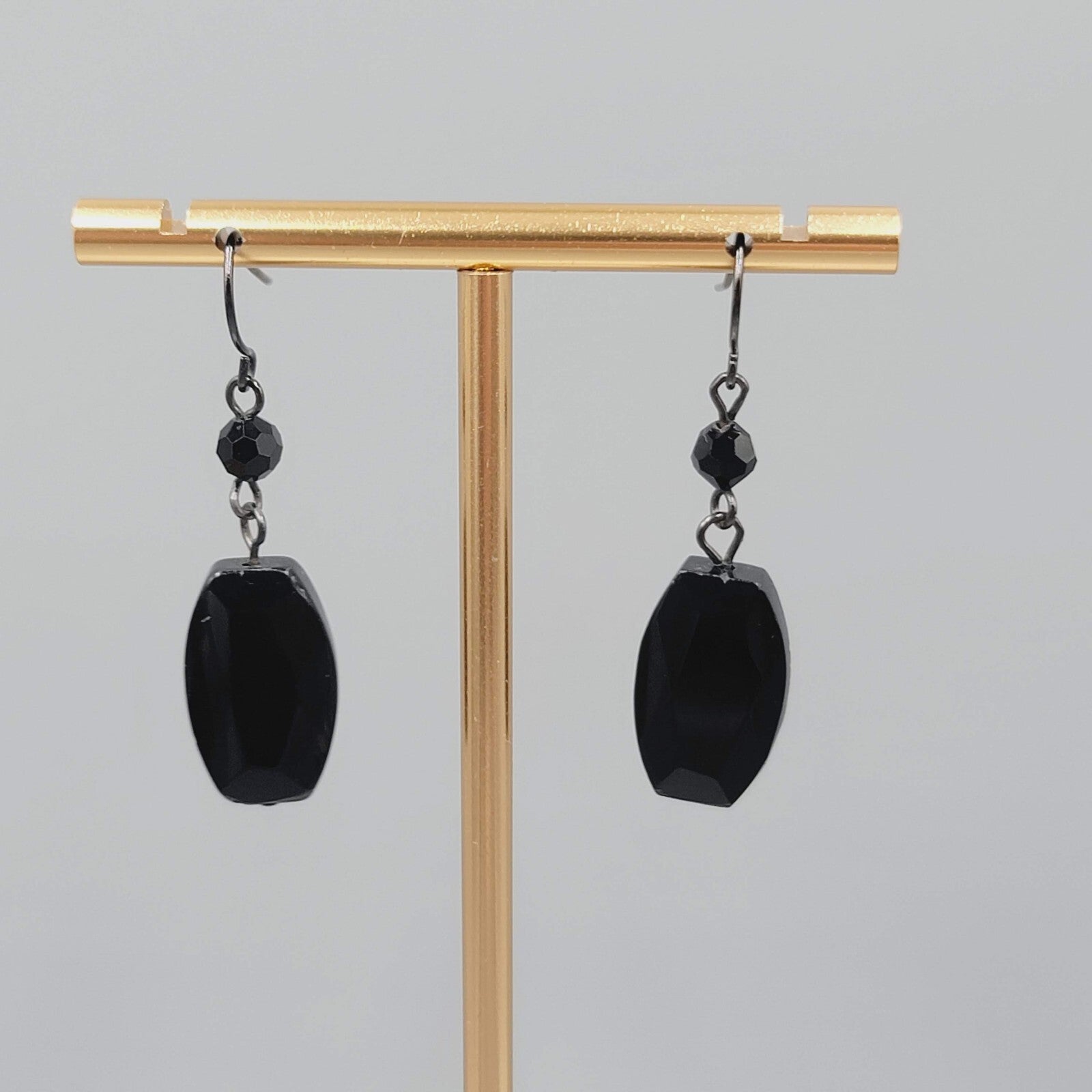 Black Glass Bead Pierced Earrings 1Black Metal Dangle 1.25"