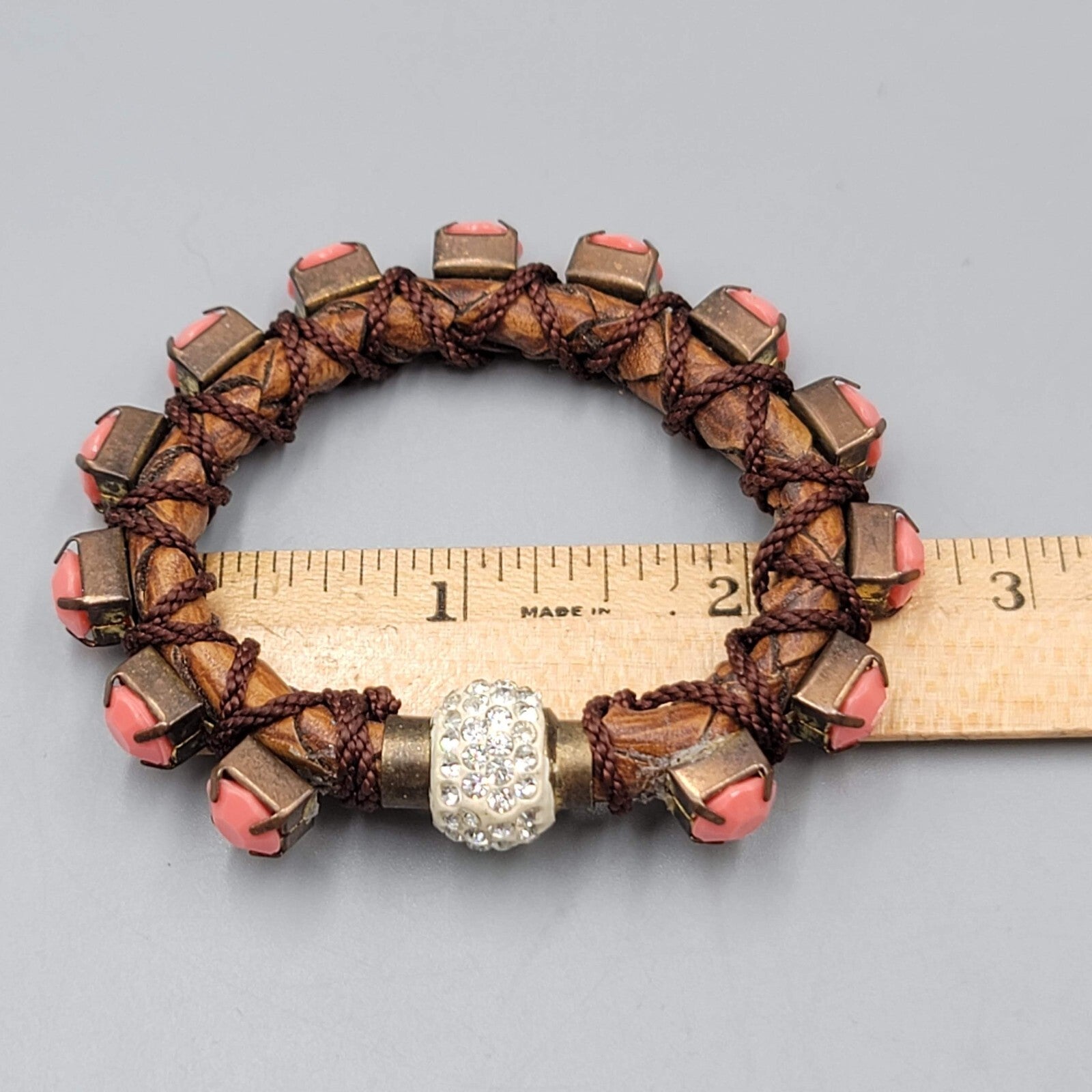 Statement Boho Bracelet Faux Leather Pink Rhinestones Magnetic Rhinestone Closur