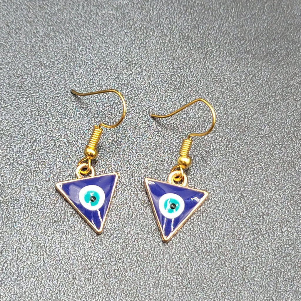 Pierced Earrings Gold tone Enamel Evil Eye Triangle Dangle 5/8"