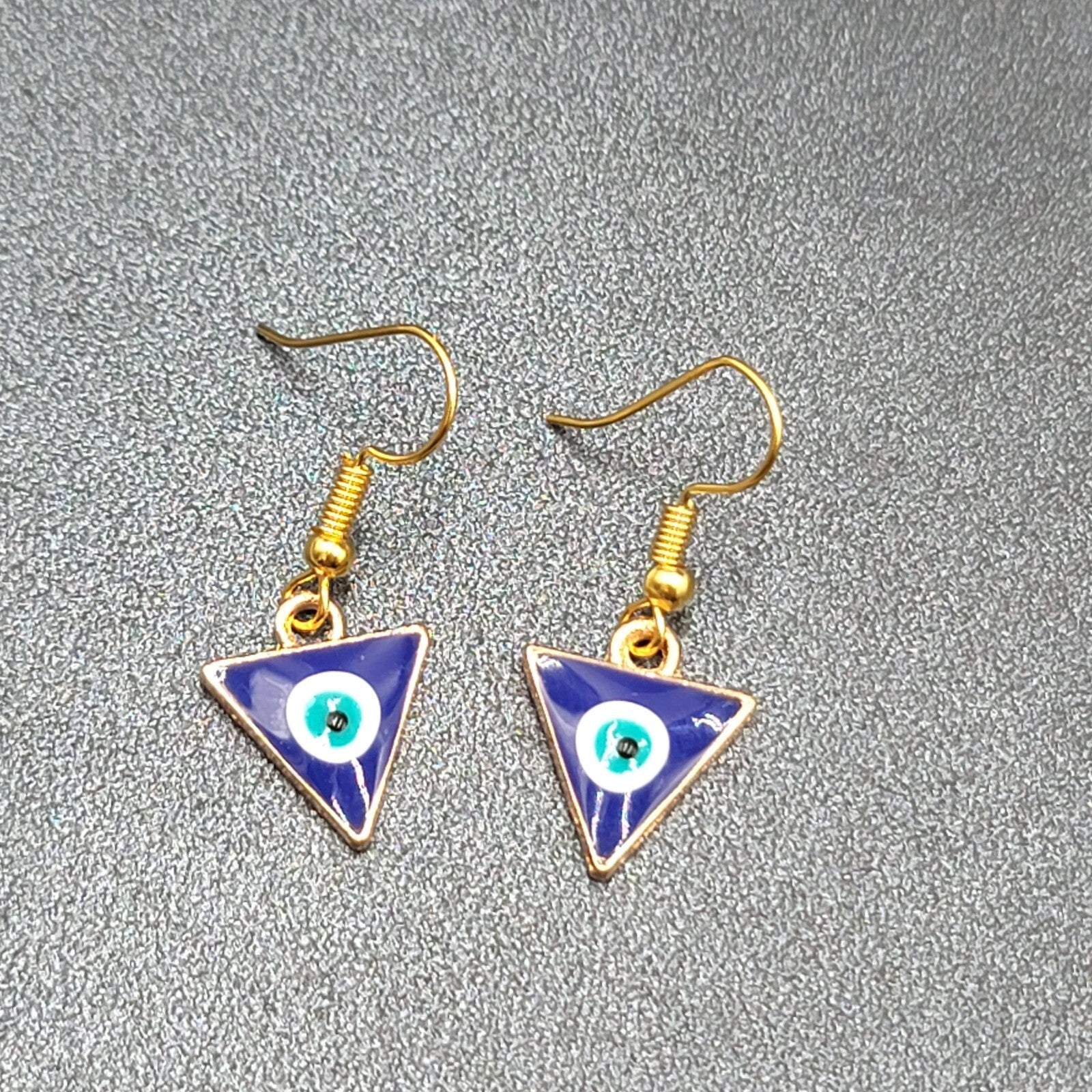 Pierced Earrings Gold tone Enamel Evil Eye Triangle Dangle 5/8"