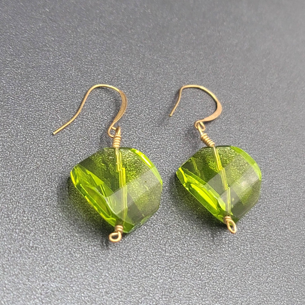 Pierced Earrings Copper tone Green Art Glass Faceted Bead 1.25"