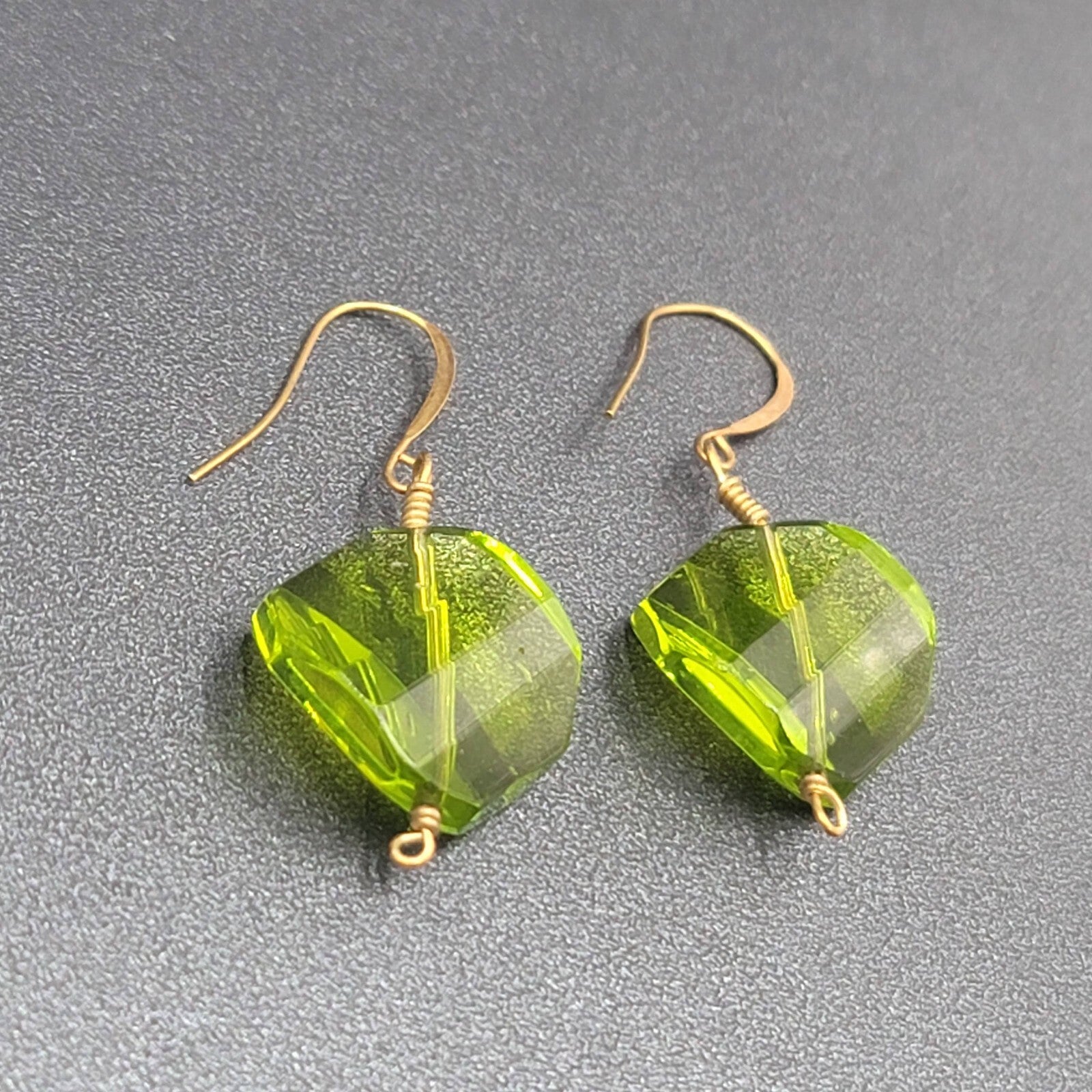 Pierced Earrings Copper tone Green Art Glass Faceted Bead 1.25"