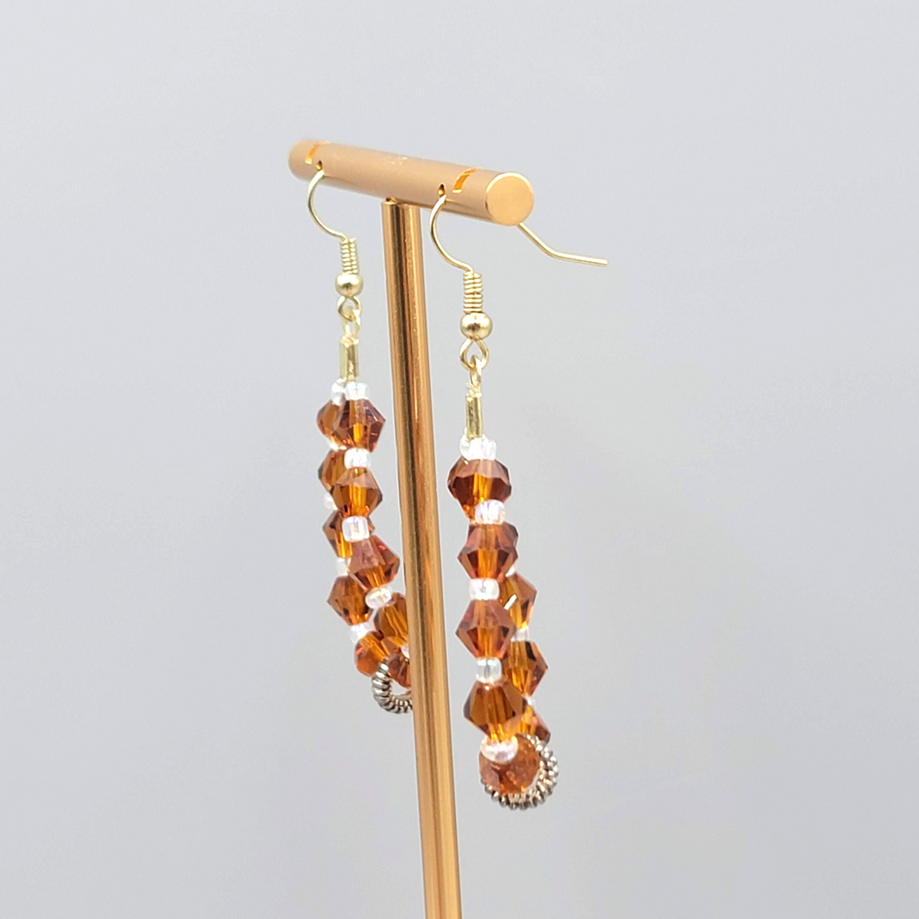 Brown Crystal Bead Pierced Earrings Gold tone Dangle 1.75"