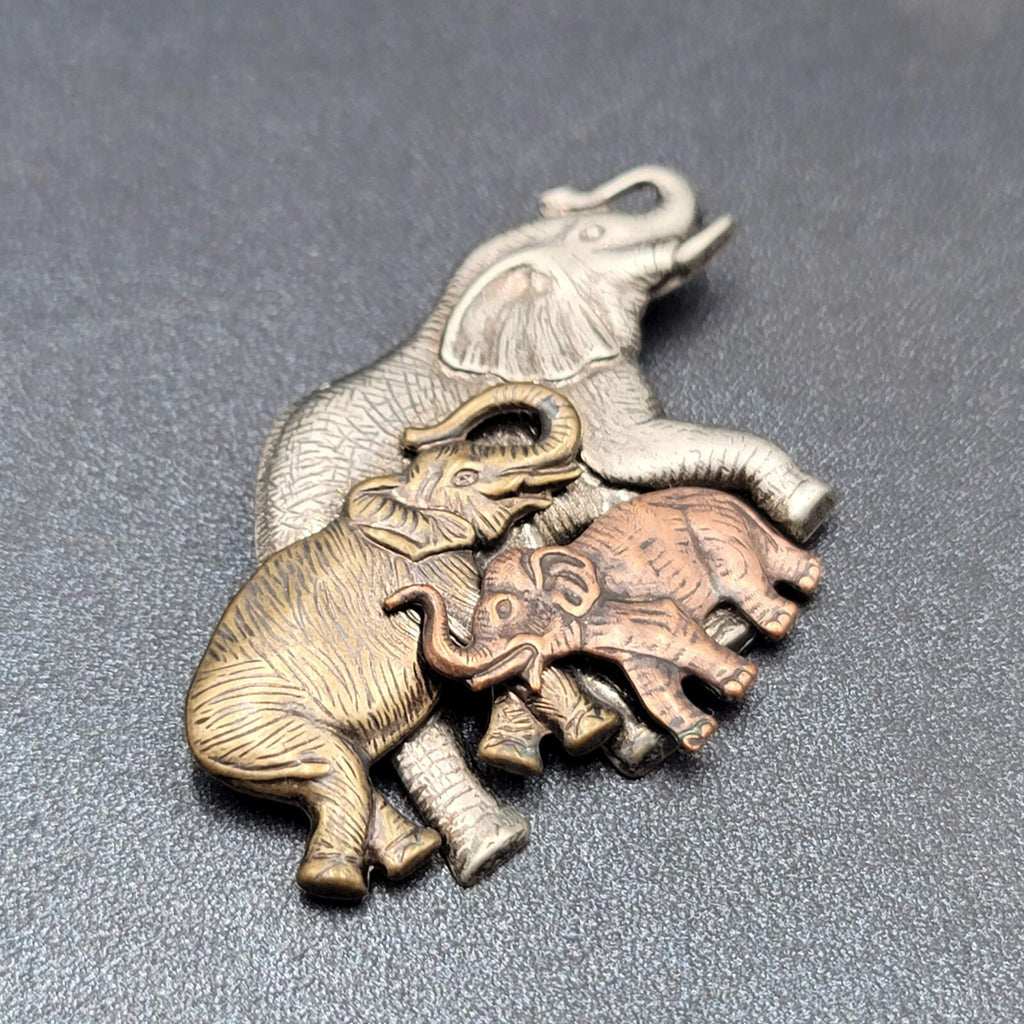 Vintage K & T Elephants Brooch Pin Copper Brass Silver Tone Modern Signed