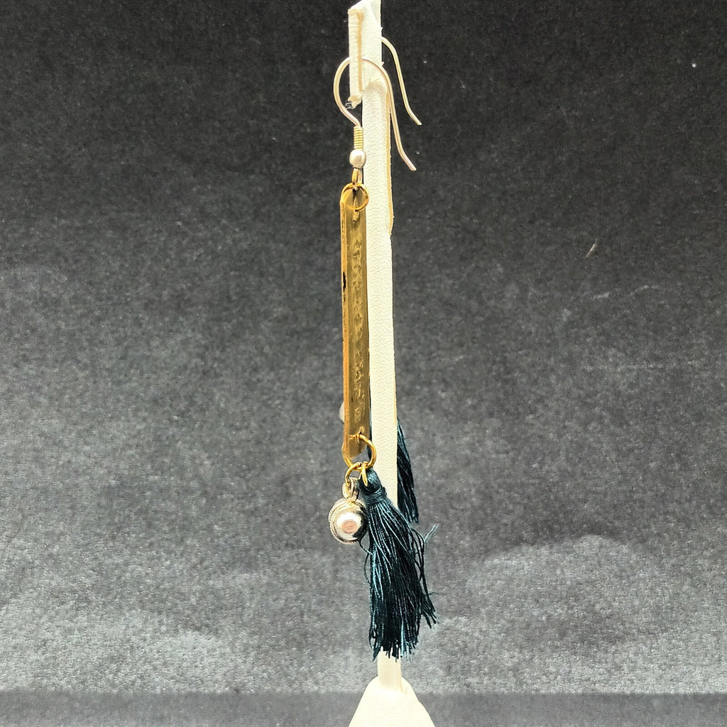 Pierced Earrings "All Things Are Possible" Brass Green Tassel Dangle 3 1/4"