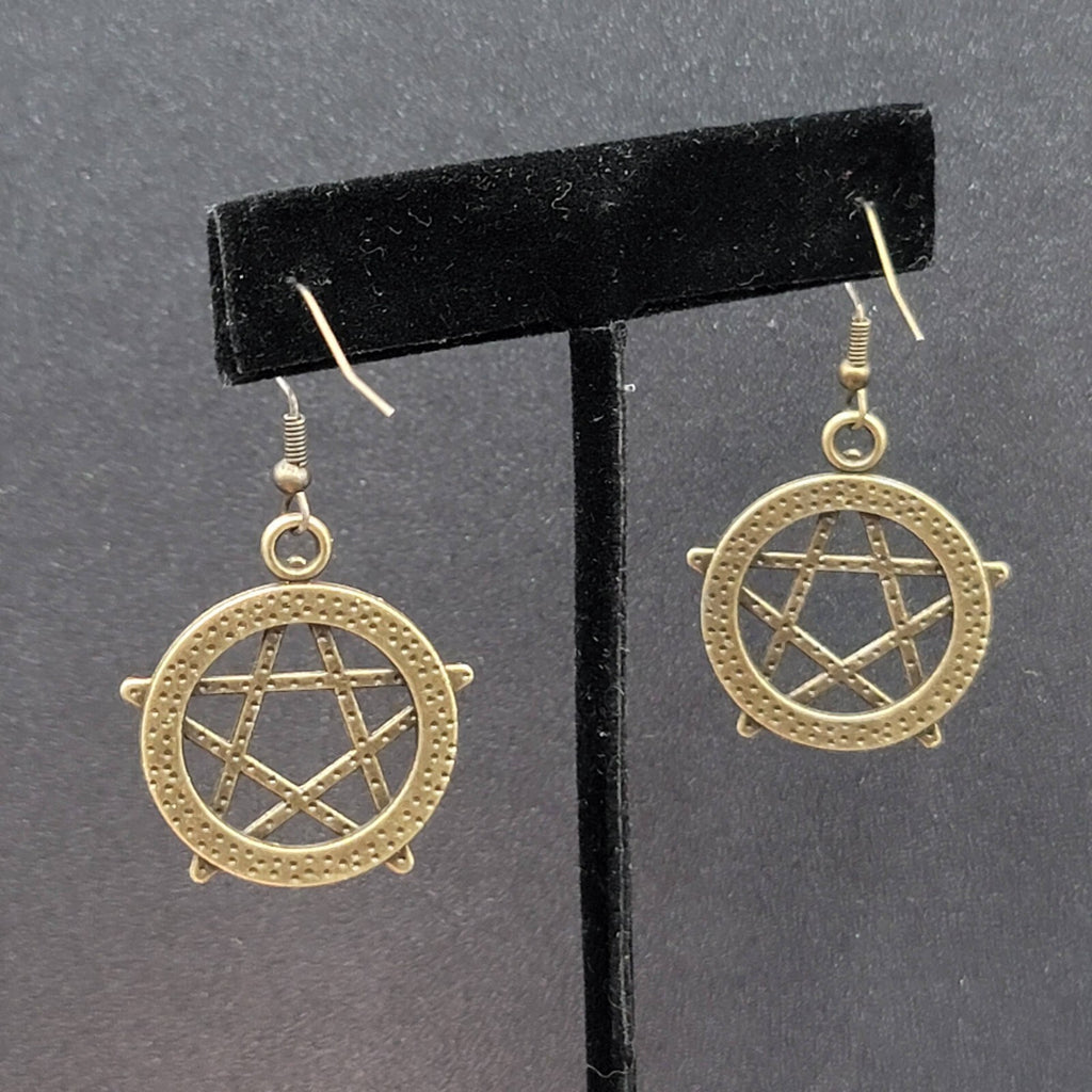 Pentacle Pierced Earrings Bronze tone Pentagram Witch Dangle 1 1/8"