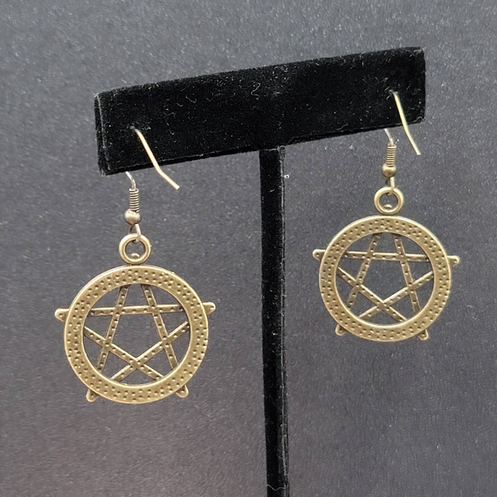 Pentacle Pierced Earrings Bronze tone Pentagram Witch Dangle 1 1/8"