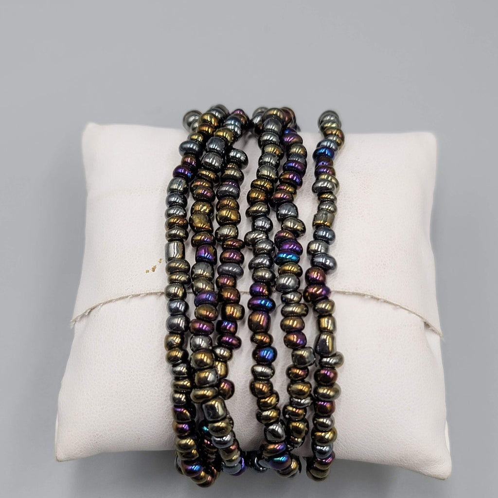 Multi Strand Glass Seed Bead Bracelet with Abalone Shell Ring Accent 6.75 in