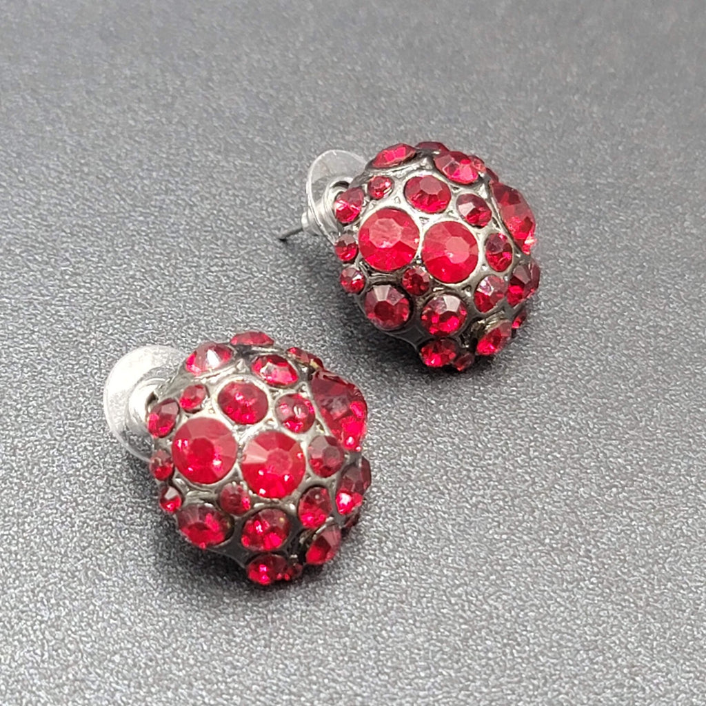 Pierced Earrings Dark Gray Metal Red Rhinestone Dome Drop Studs 3/4"