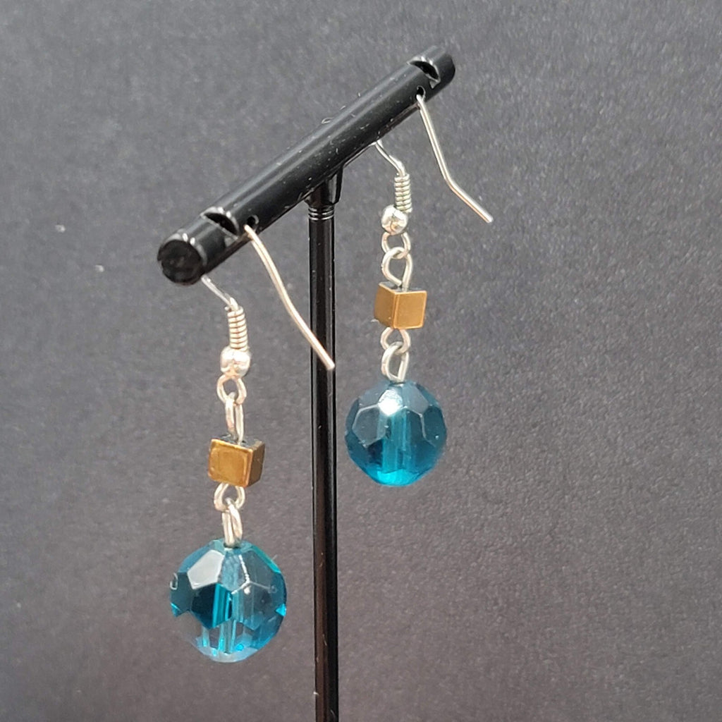 Pierced Earrings 1" Silver tone Blue Bead Copper Square Dangle 1"