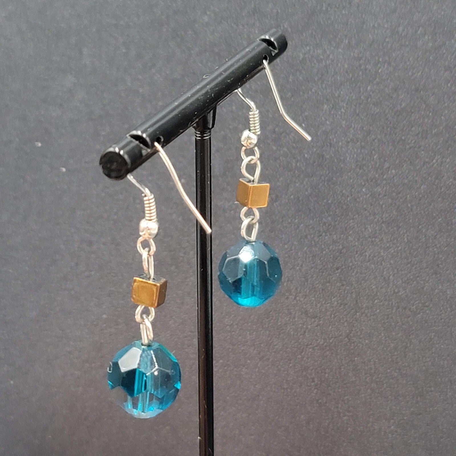 Pierced Earrings 1" Silver tone Blue Bead Copper Square Dangle 1"