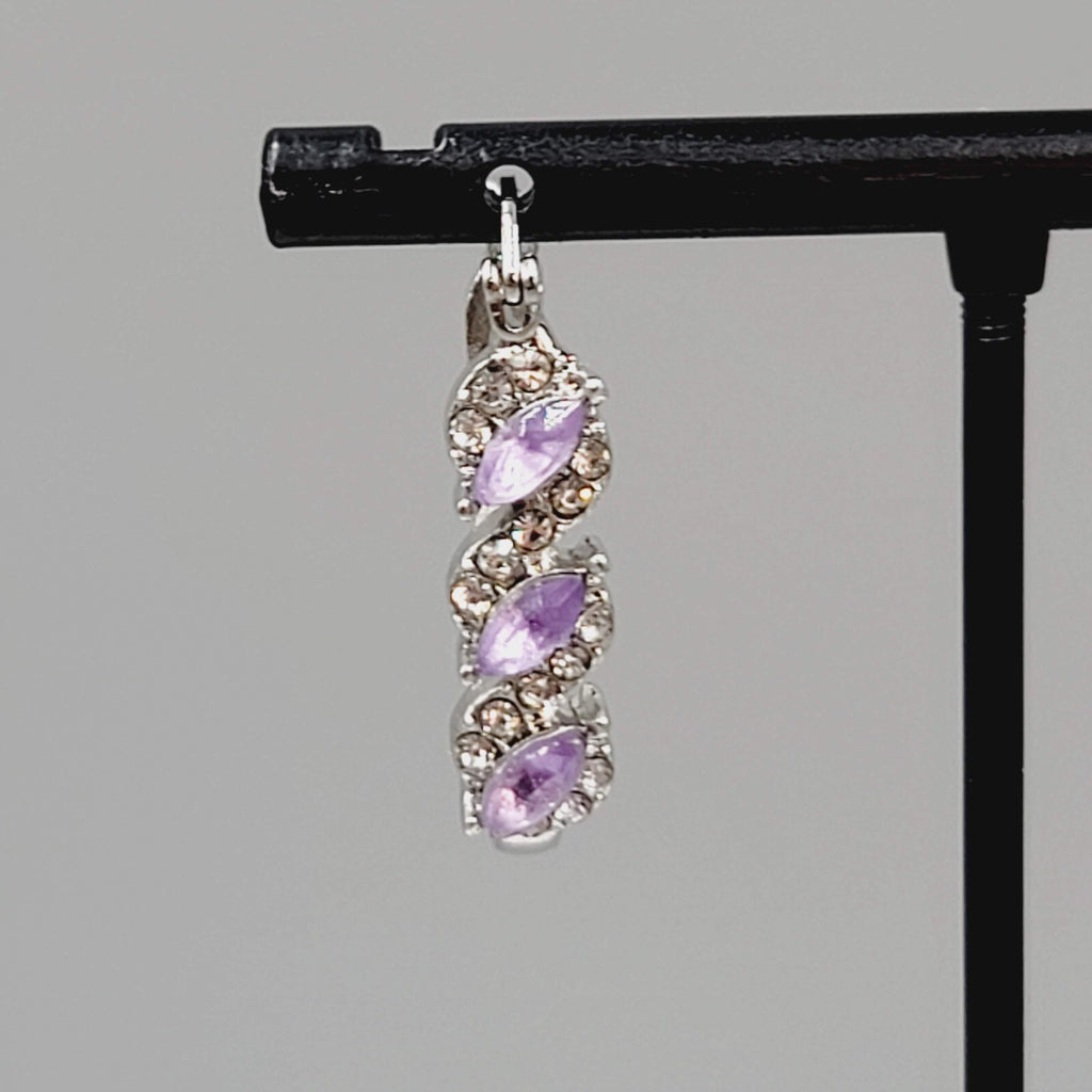 Hoop Pierced Earrings Silver tone Purple Rhinestone Dangle Hoops 1"