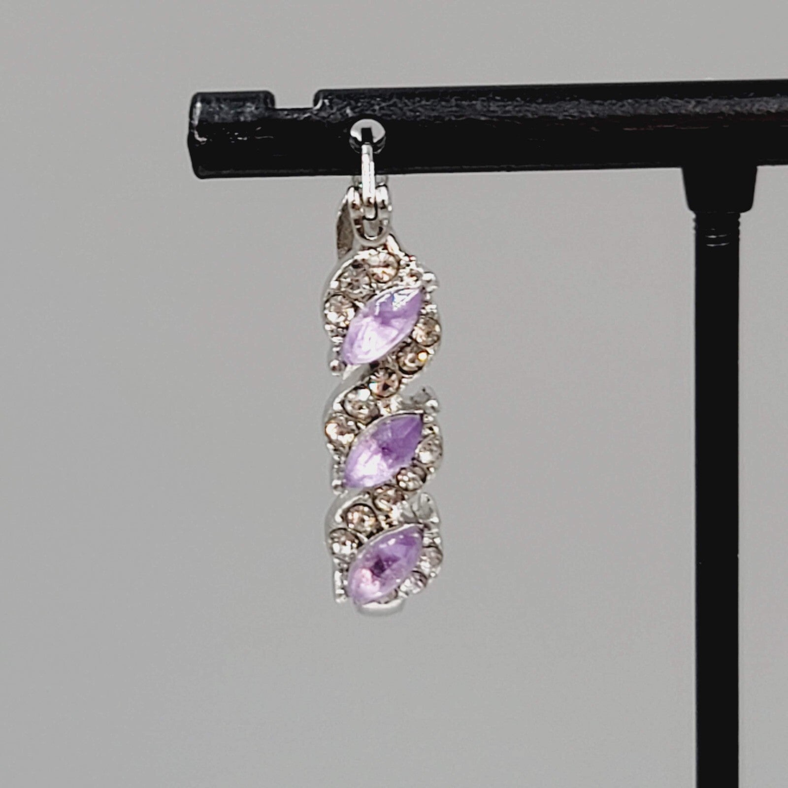 Hoop Pierced Earrings Silver tone Purple Rhinestone Dangle Hoops 1"