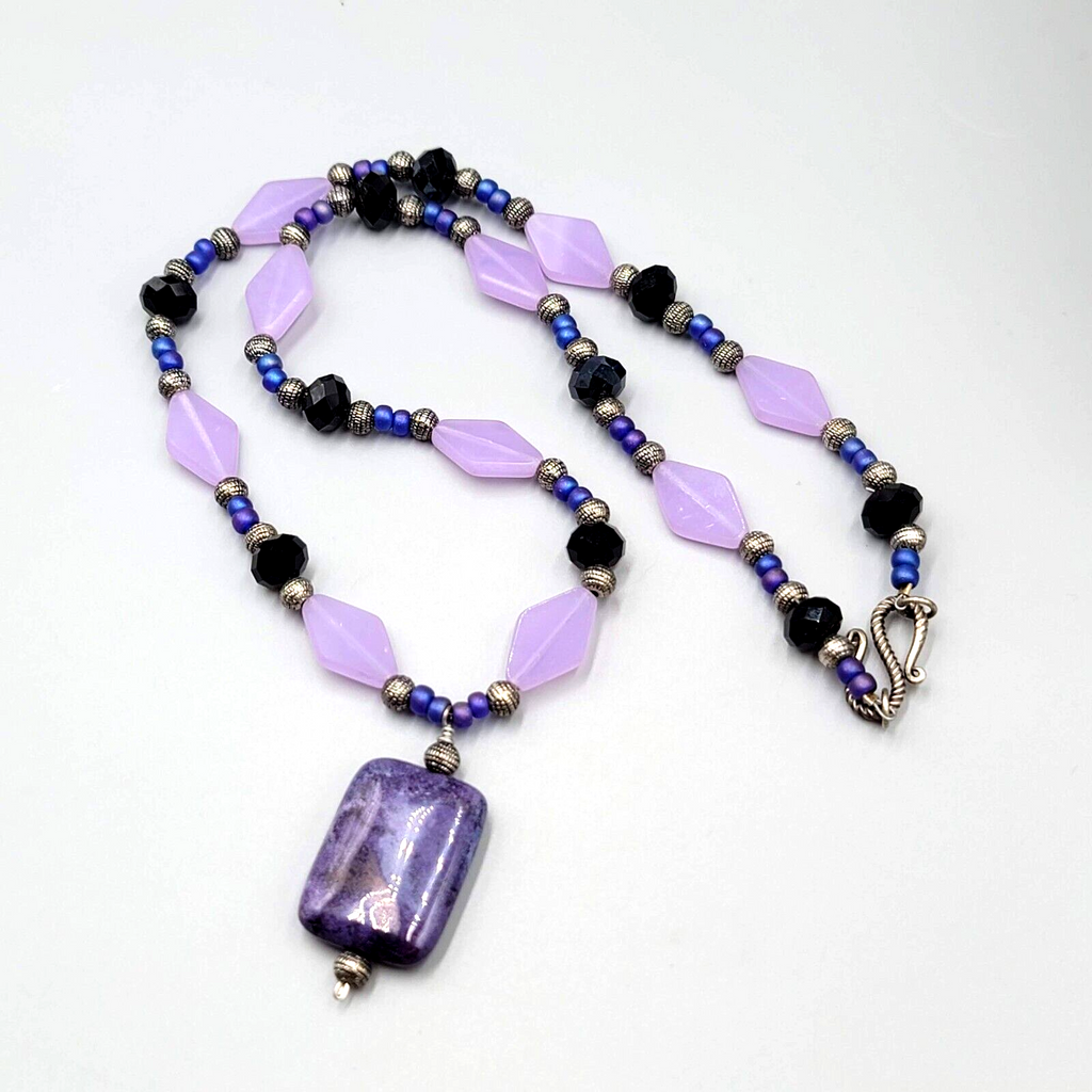Purple Bead Pendant NecklaceSilver tone Black Beads  22"