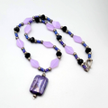 Purple Bead Pendant NecklaceSilver tone Black Beads  22"