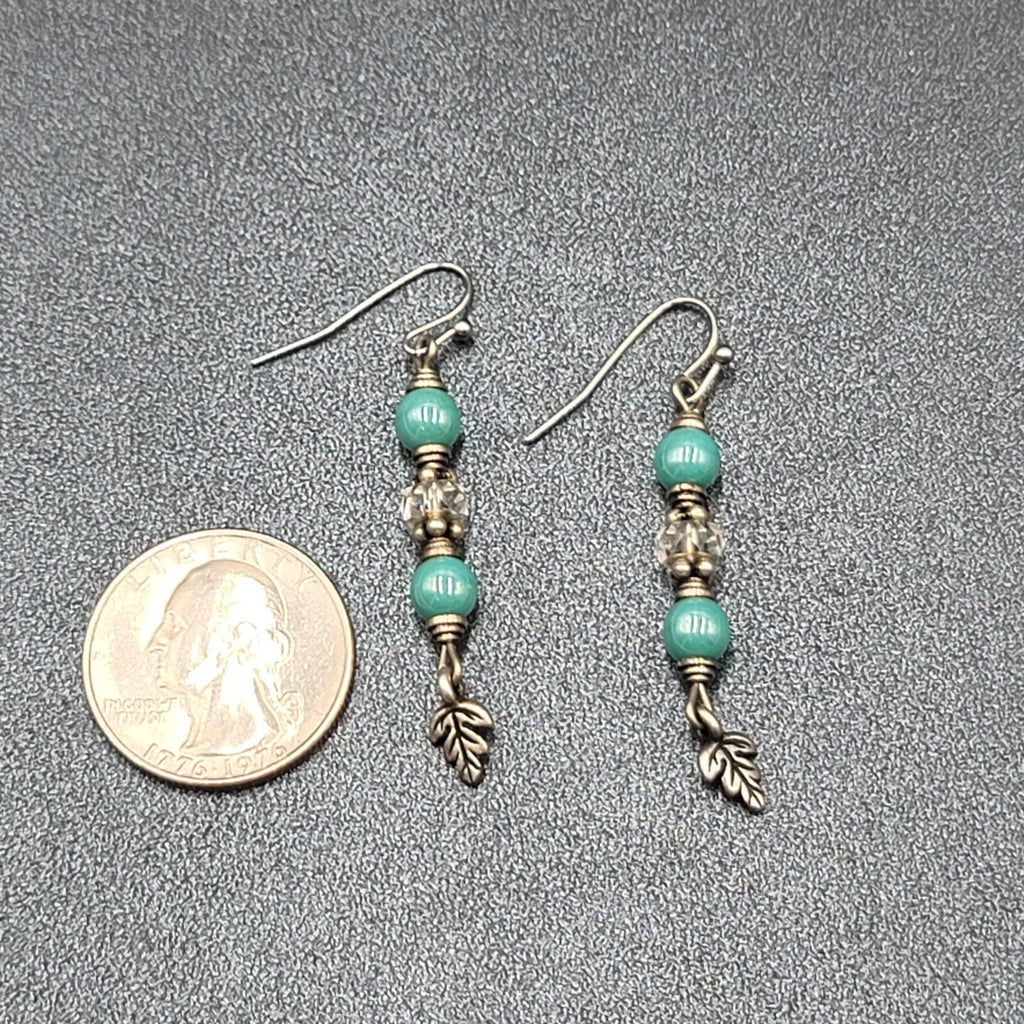 Pierced Earrings Silver tone Blue Bead Leaf Charm Dangle 1.5"