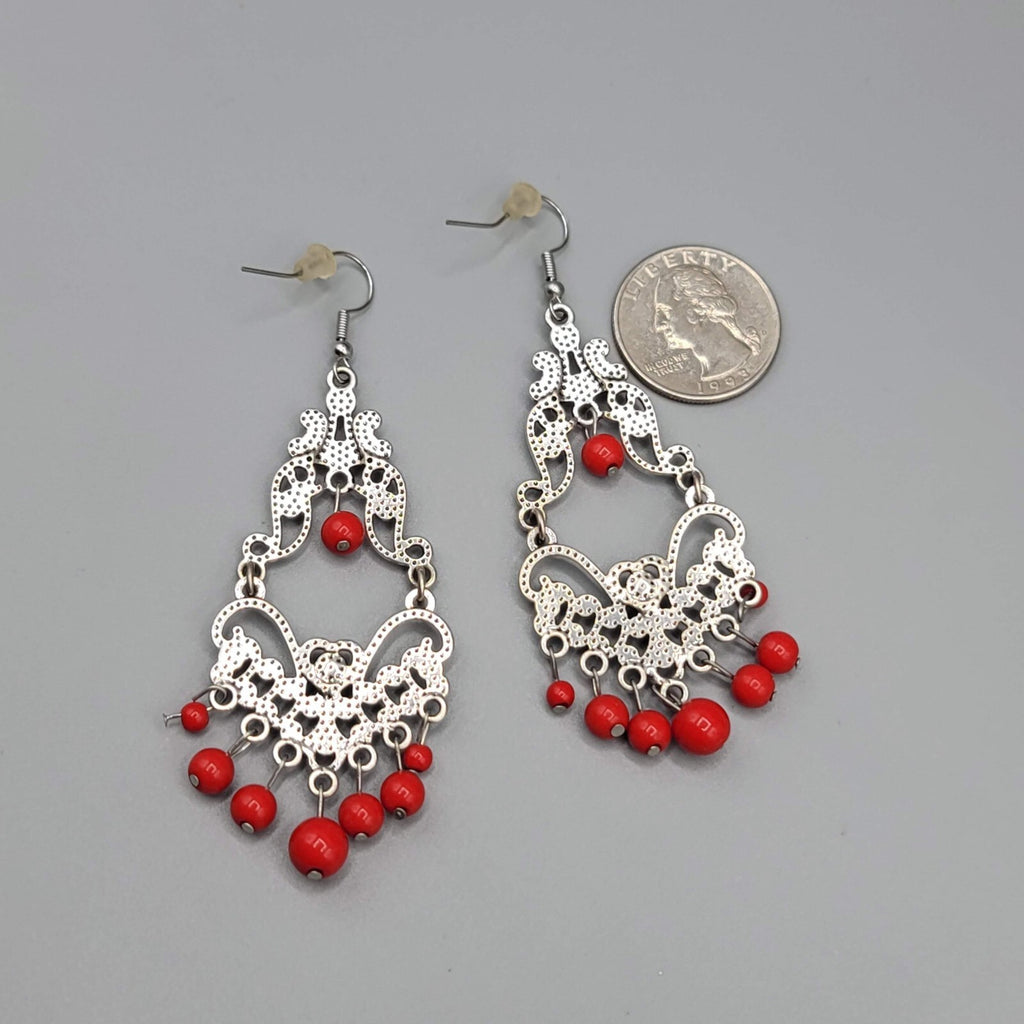 Chandelier Pierced Earrings Silver tone Red Bead Crystal Rhinestone 2.5"