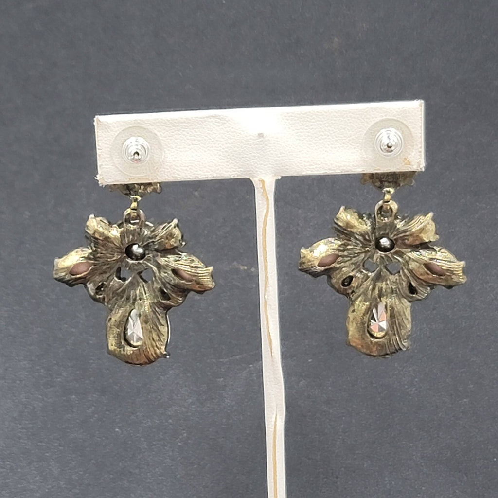 Pierced Earrings Antiqued Gold tone Multicolor Faceted Accent Acrylic 1 7/8"