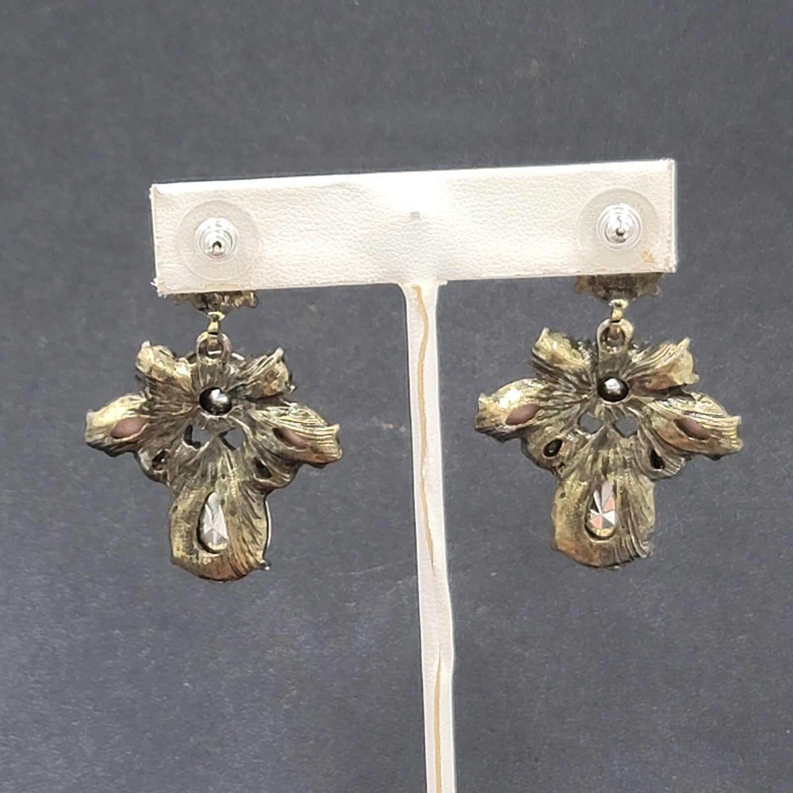 Pierced Earrings Antiqued Gold tone Multicolor Faceted Accent Acrylic 1 7/8"