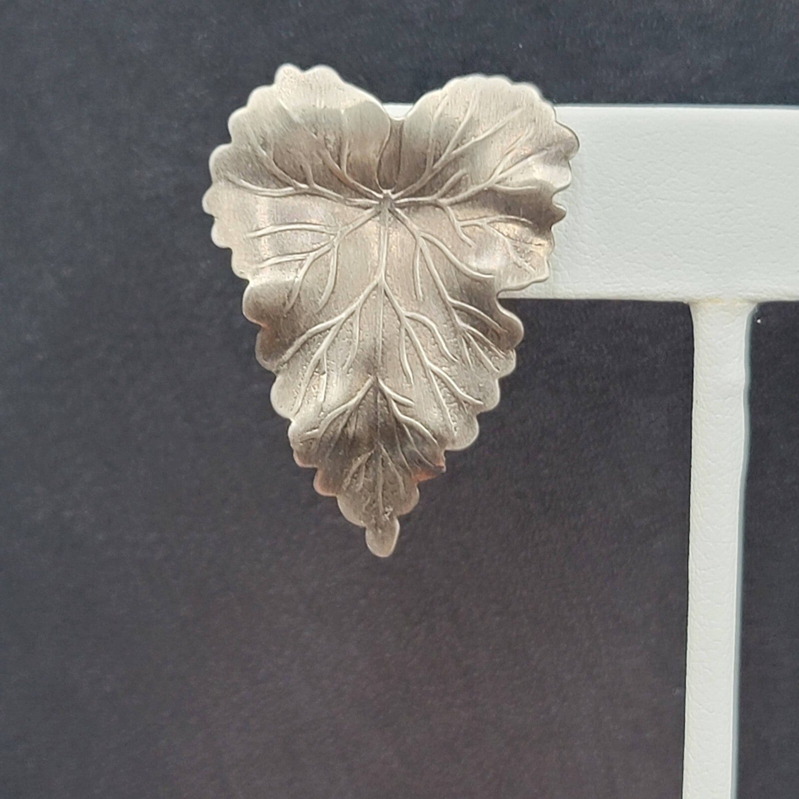 Vintage Pierced Earrings Textured Leaves Dark Gray Drop 1 3/8"