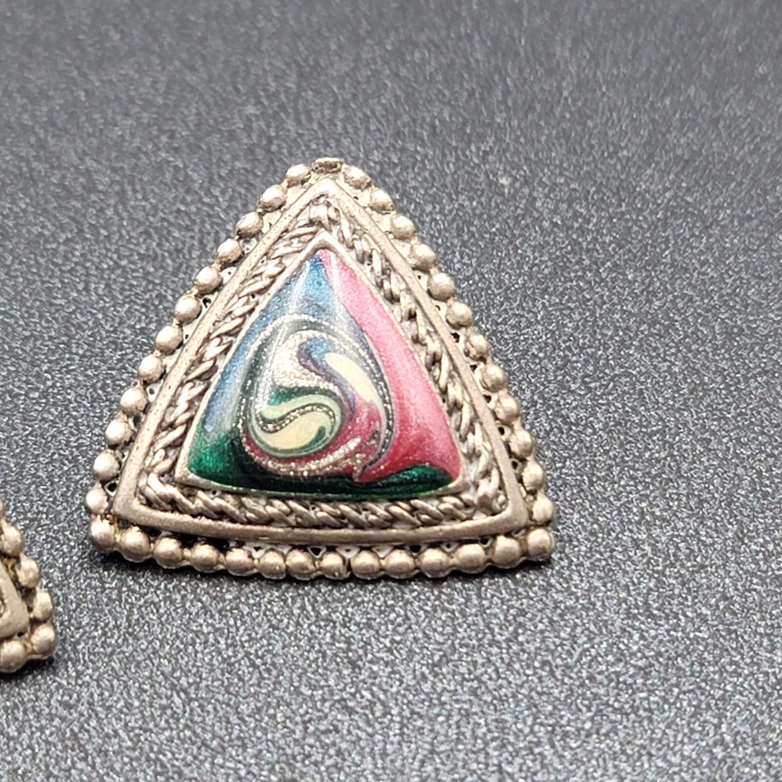 Vintage Pierced Earrings Silver tone Multicolor Enamel Swirl Triangle 1"