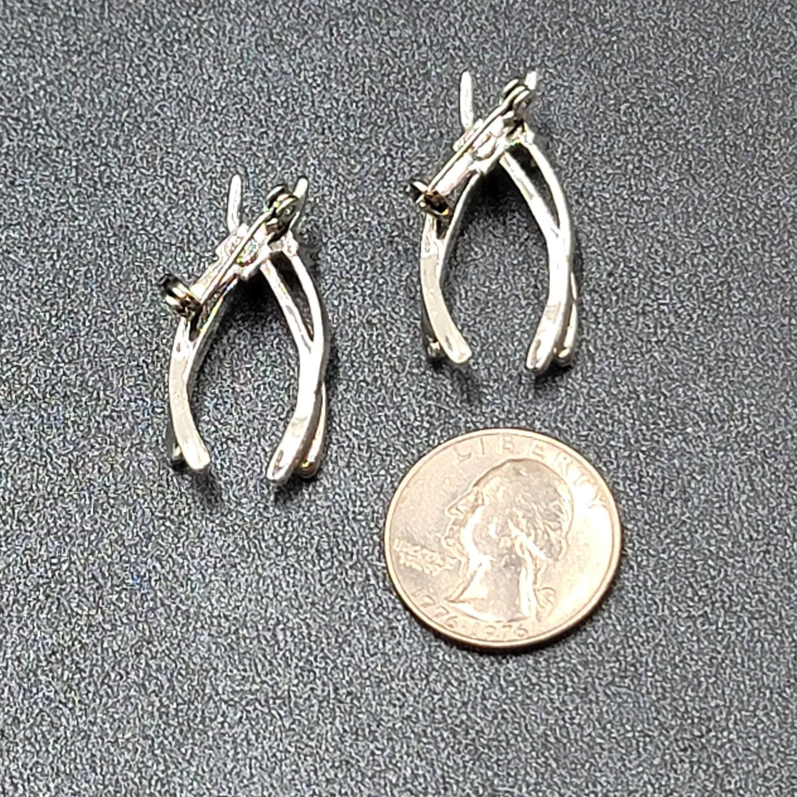 Vintage Double Lucky Wishbone Blue Rhinestone Pearl Brooch Lot Silver tone 1.25"