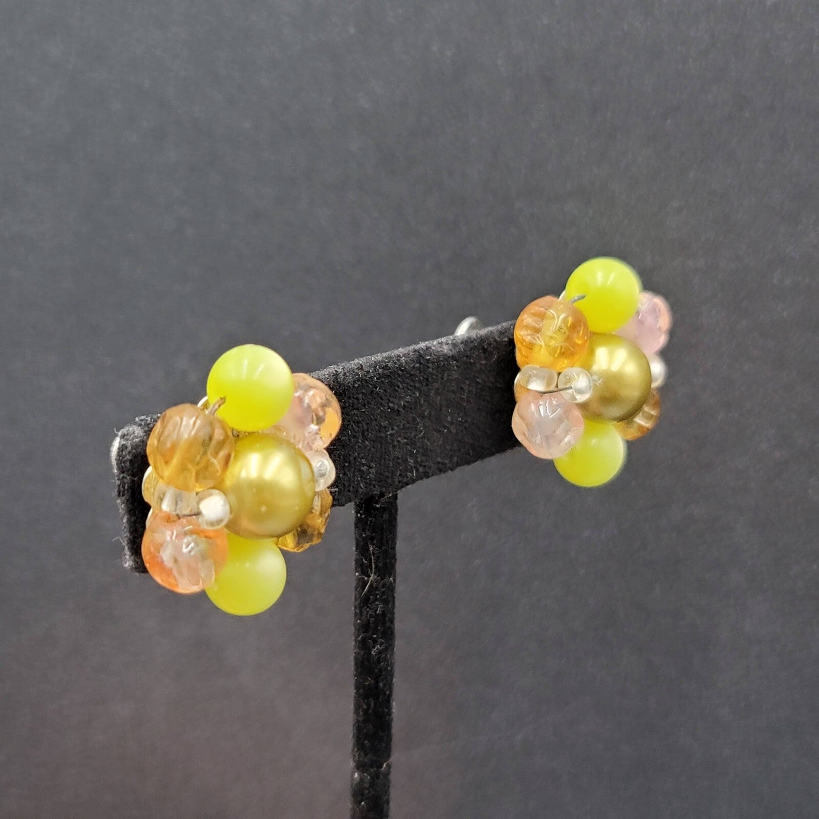 Vintage Clip on Earrings Yellow Green Pink Acrylic Cluster Bead Studs 1"