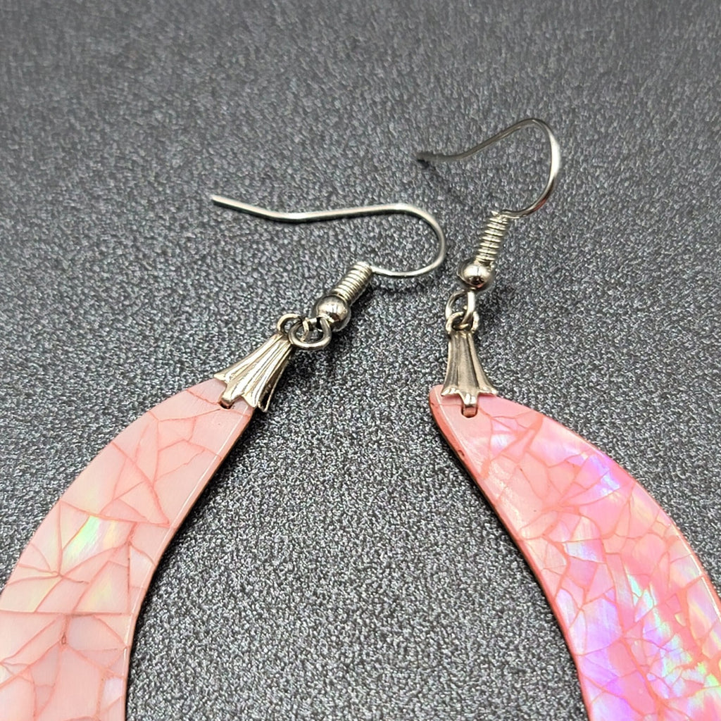 Vintage Pierced Earrings Silver tone Pink Mother of Pearl Inlay Statement 2.75"