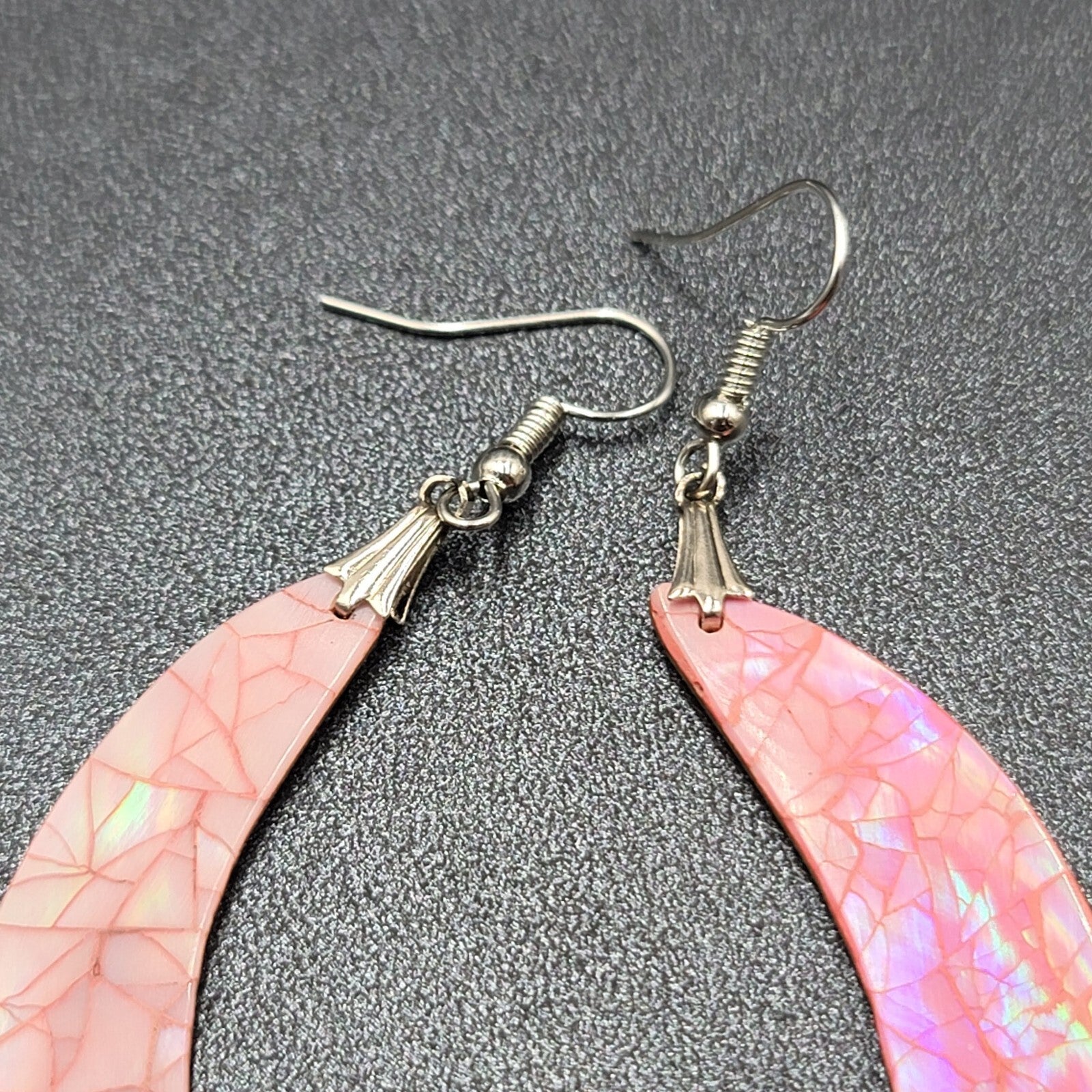 Vintage Pierced Earrings Silver tone Pink Mother of Pearl Inlay Statement 2.75"