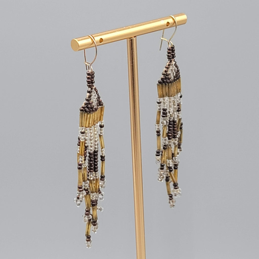 Vintage Seed Bead Tassel Pierced Earrings Clear Gold tone Black 2.75 in