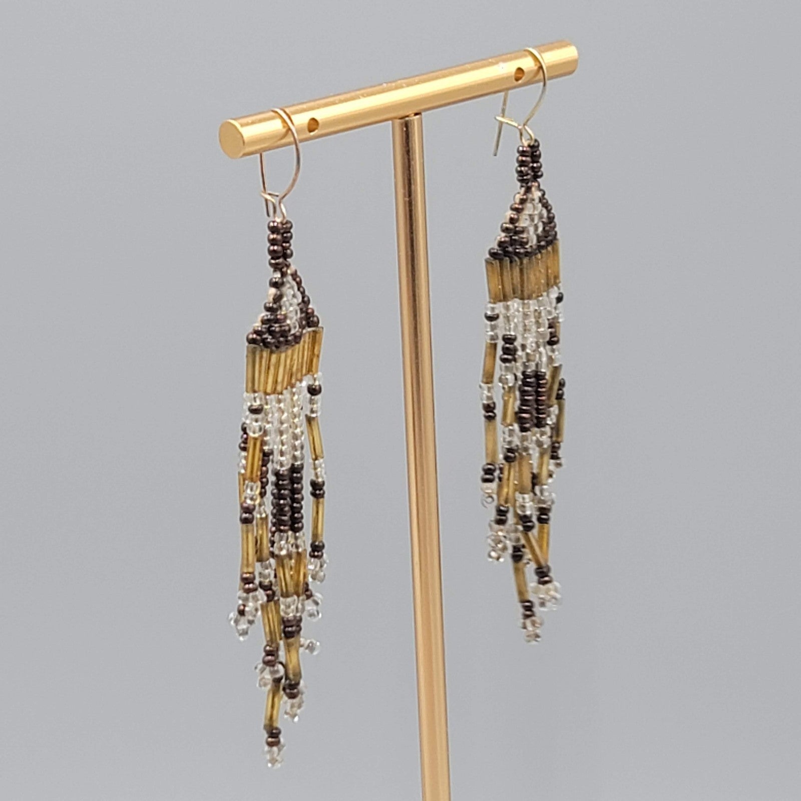 Vintage Seed Bead Tassel Pierced Earrings Clear Gold tone Black 2.75 in