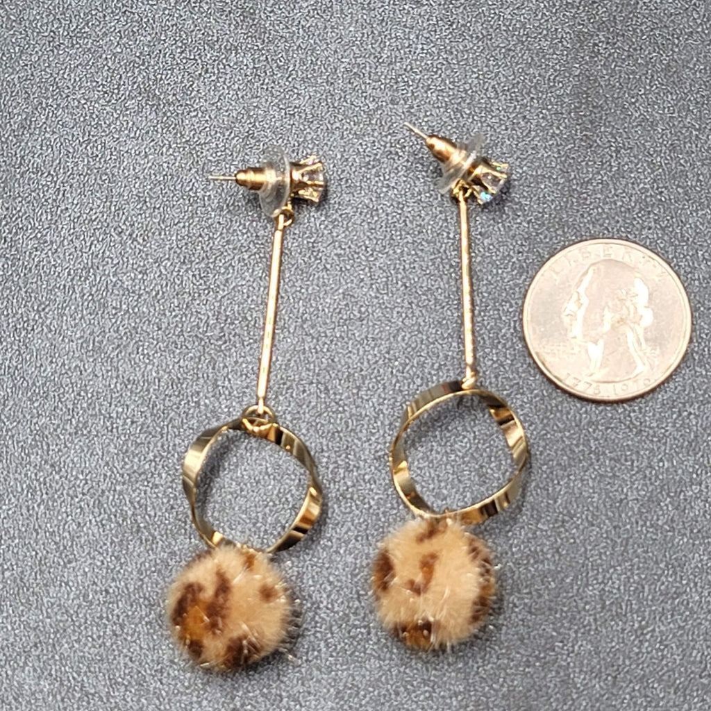 Pierced Earrings Gold tone Crystal Leopard Fuzz Ball Dangle 2.5"