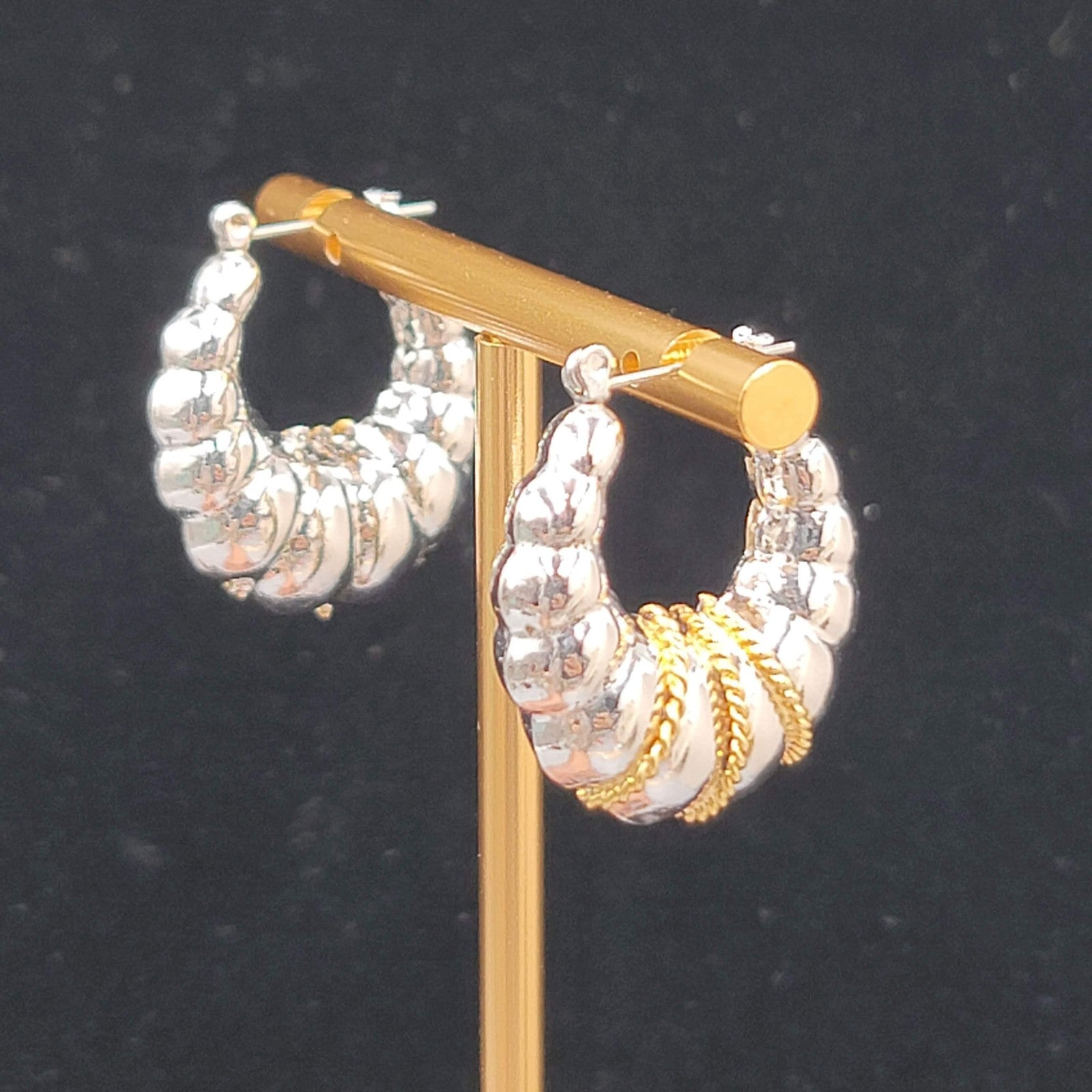 Puffy Hoop Pierced Earrings Gold tone Twisted Rope Detail Silver tone 1"