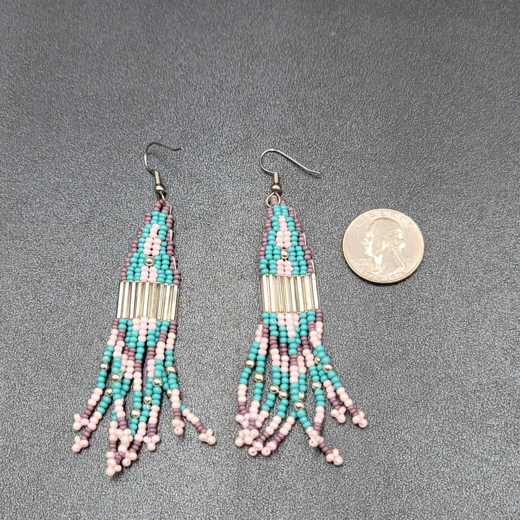 Pierced Earrings Blue Pink Purple Seed Bead Weaved 3 3/8"