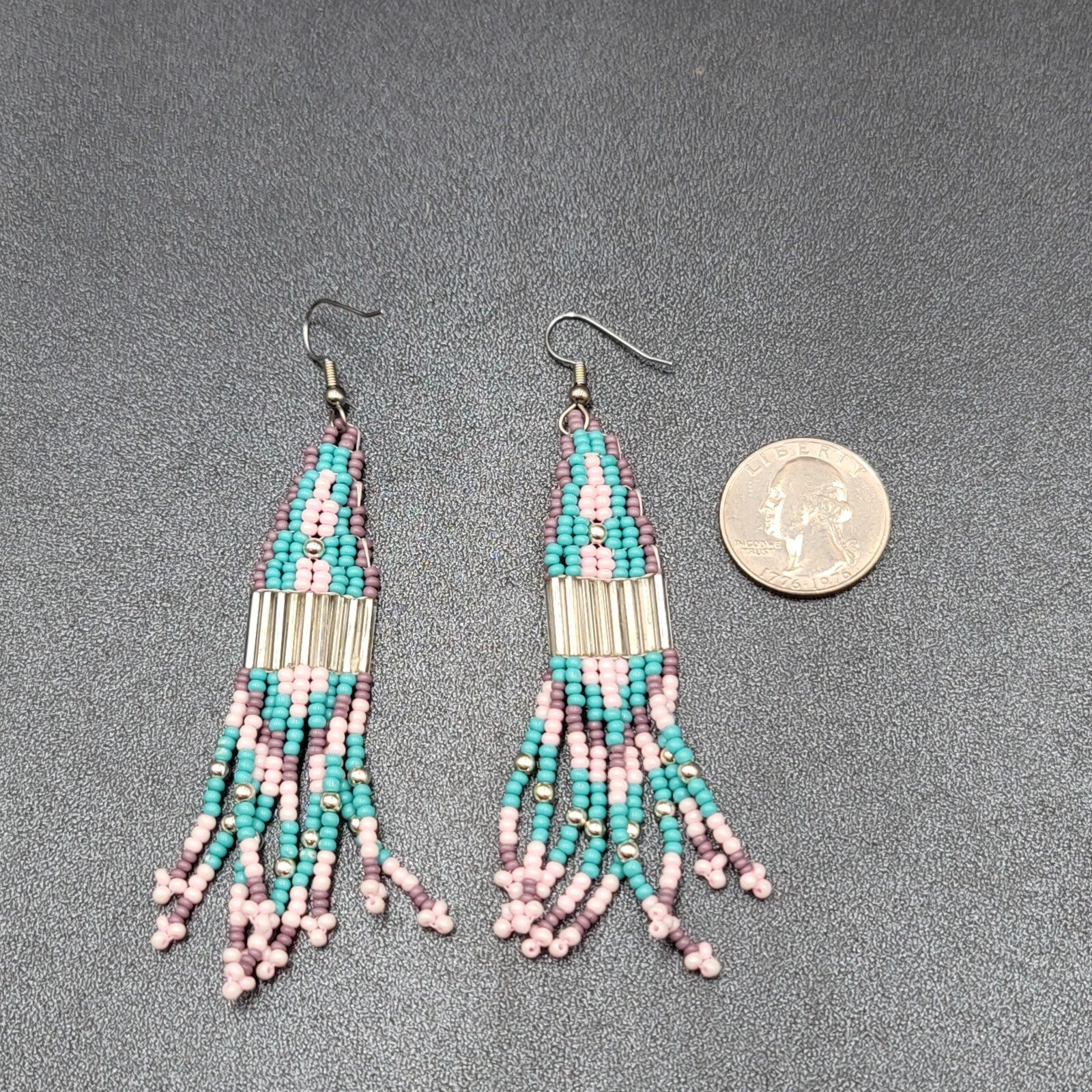 Pierced Earrings Blue Pink Purple Seed Bead Weaved 3 3/8"