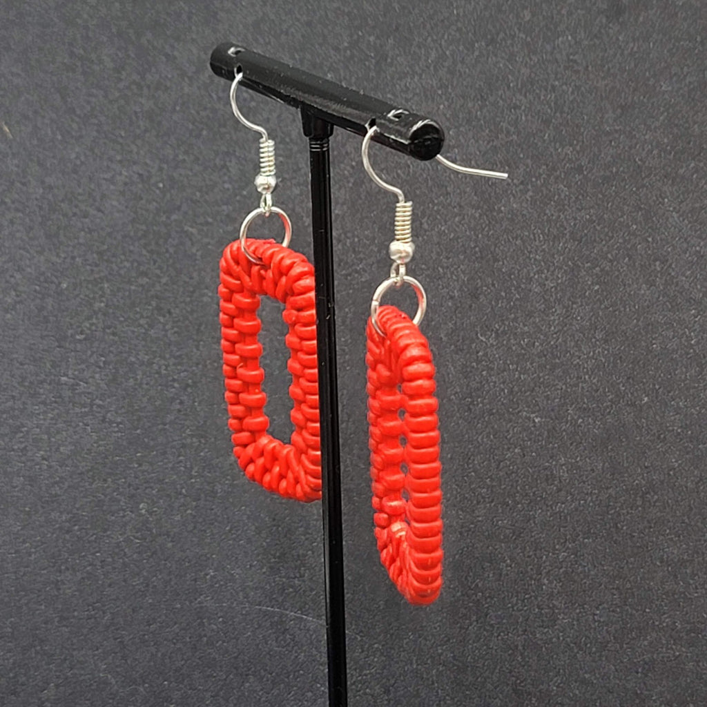 Pierced Earrings Red Acrylic Rectangle Weave Design Dangle 1.5"
