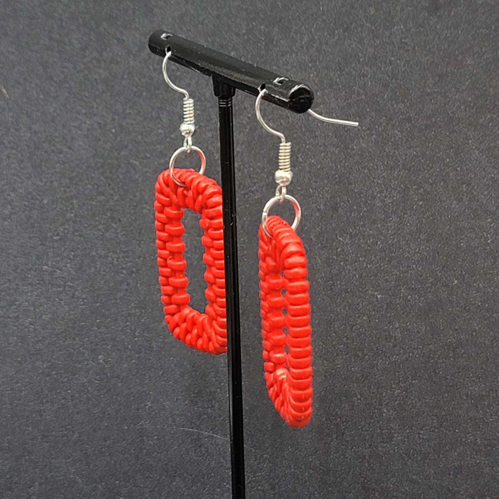 Pierced Earrings Red Acrylic Rectangle Weave Design Dangle 1.5"