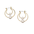 Double Hoops Pierced Earrings Gold tone Faux Pearl Bead 1"