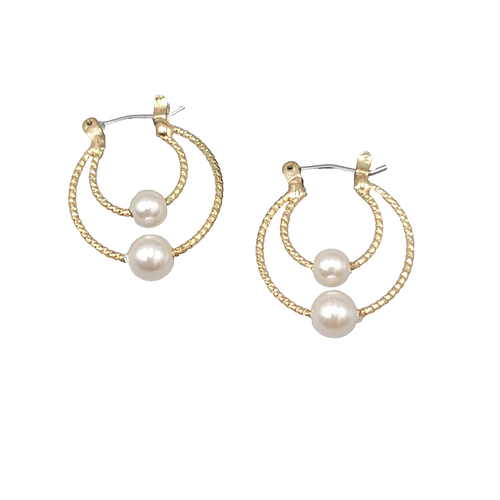 Double Hoops Pierced Earrings Gold tone Faux Pearl Bead 1"