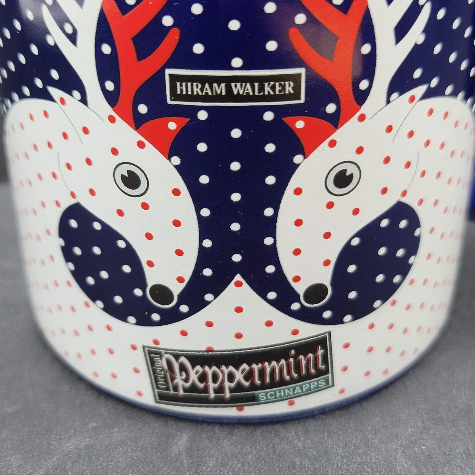 Hiram Walker Peppermint Schnapps Reindeer Coffee Mug blue red white