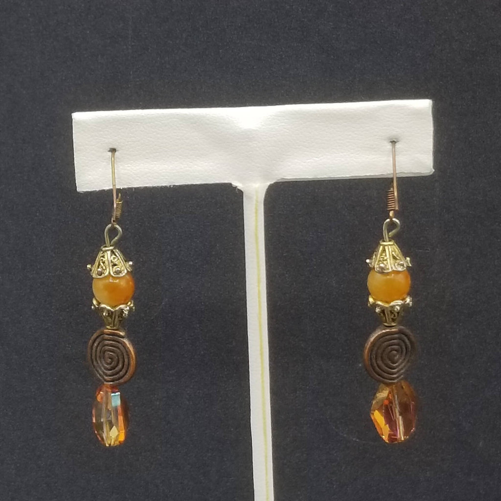 Pierced Earrings Coppertone Metal Faceted Crystal Beaded Dangle 1 1/2"