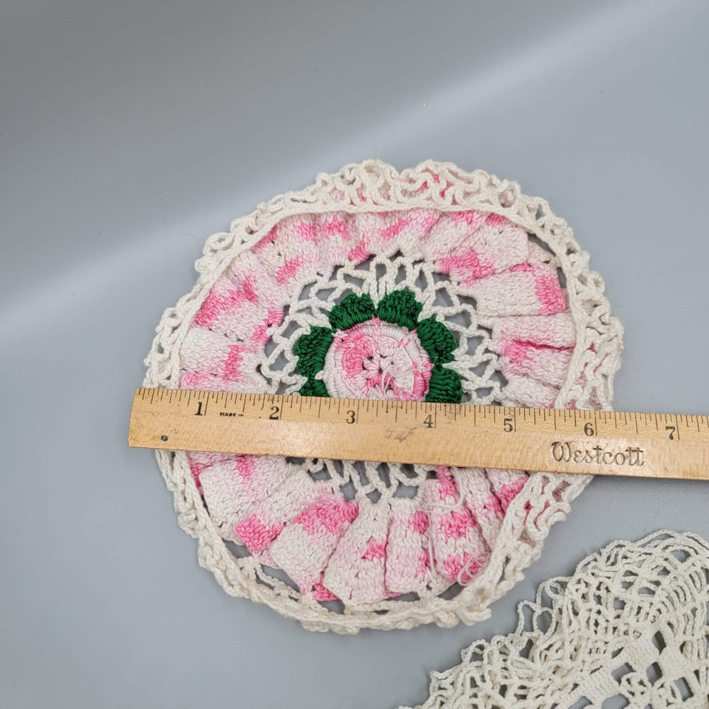 2 Vintage Crocheted Doilies Pink White Green Flowers