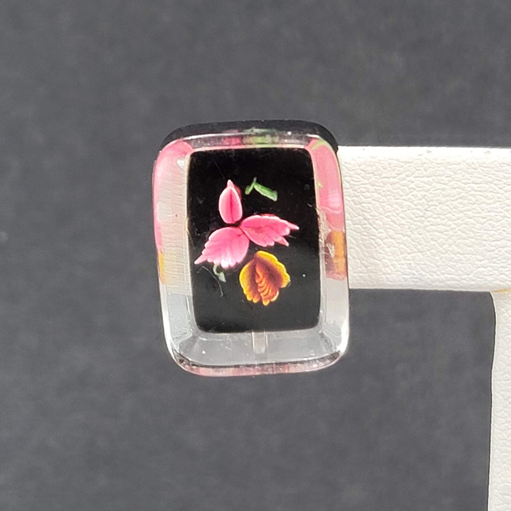 Vintage Clip on Earrings Reverse Carved Lucite Flower Drop 7/8"