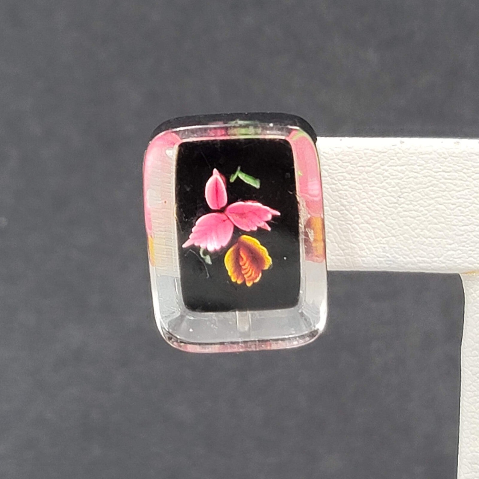 Vintage Clip on Earrings Reverse Carved Lucite Flower Drop 7/8"