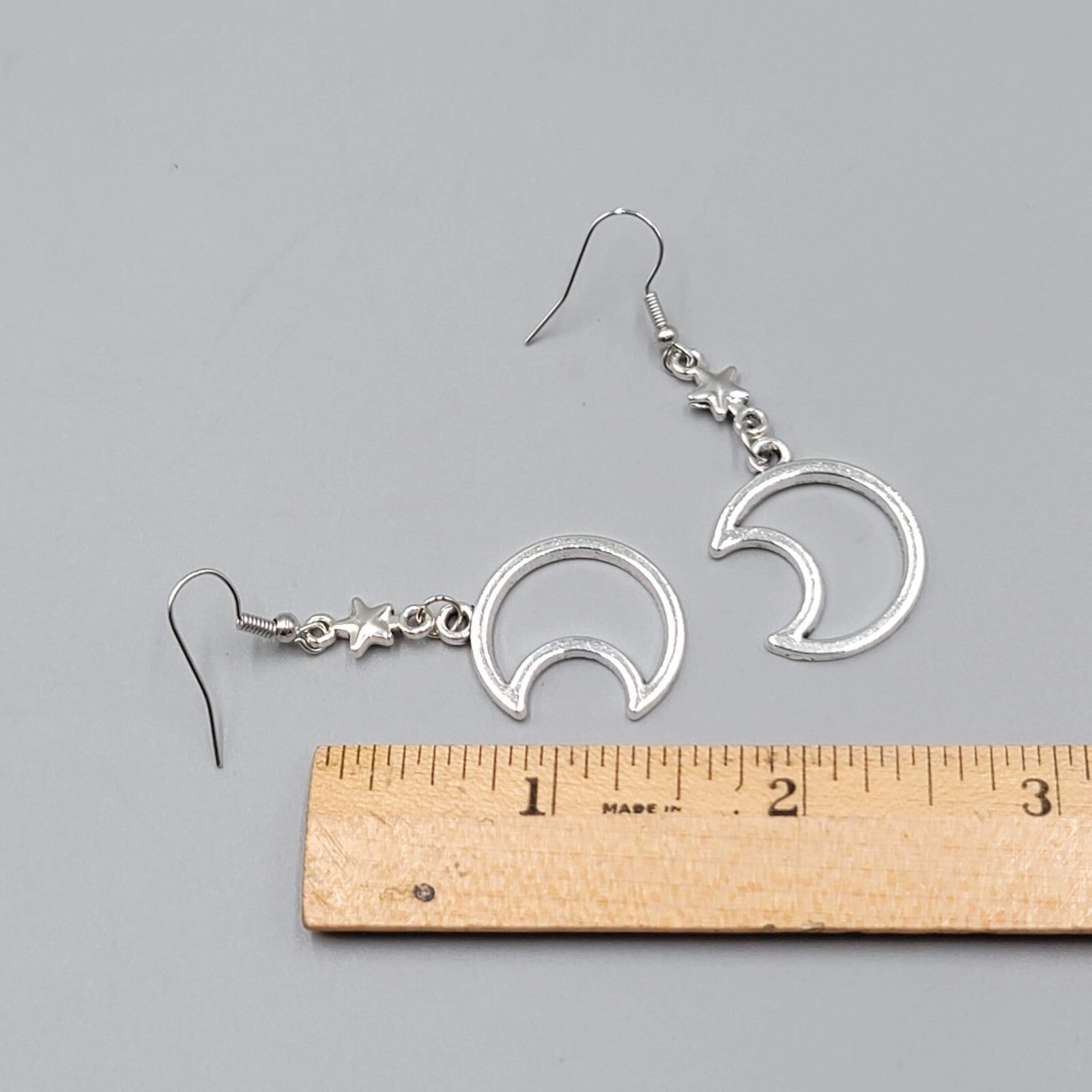 Crescent Moon Stars Pierced Earrings Open Work Silver tone Dangle 1.75"